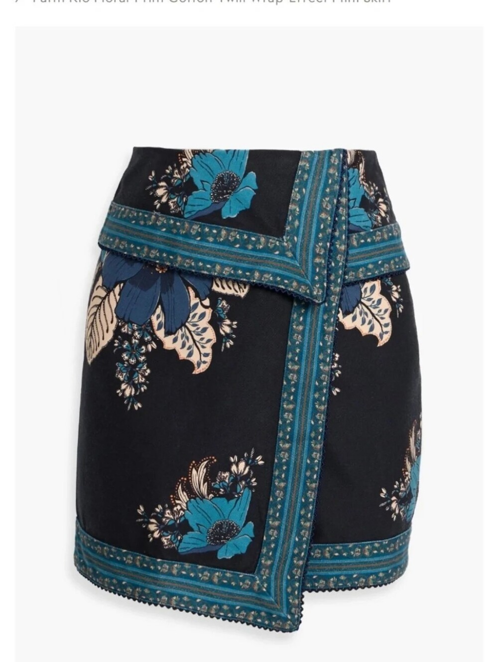 FARM Rio Blossum Tapestry Black Mini Skirt with Teal Floral Trim Size 28 NWT